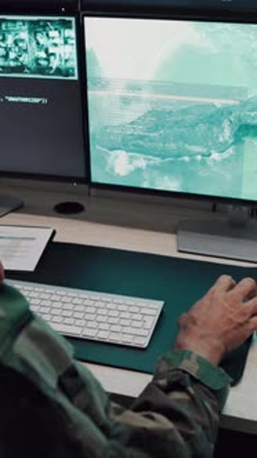 Planning, soldier or hands with computer screen in control room, military mission