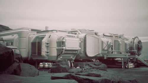 Raumschiff in felsigem außerirdischem Terrain geparkt