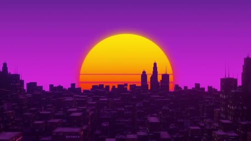 Night city landscape with cyberpunk or synthwave style, colorful retro and futuristic look