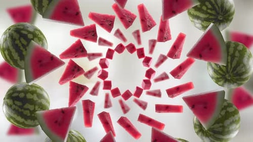 Watermelon Slices and Whole Fruits Rotating in Spiral Background