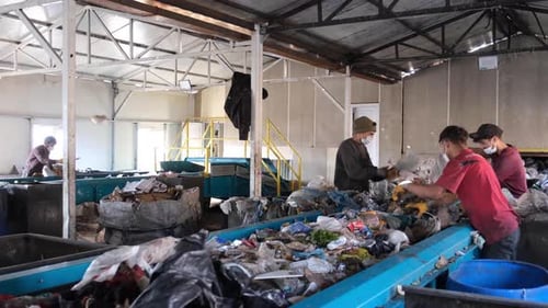 Workers Sorting Garbage Moving Down The Belt At A Recycling Plant
