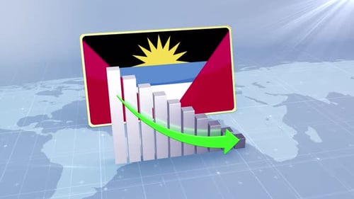 Antigua And Barbuda Flag With Decrease Bar Chart Graph And Arrow Green