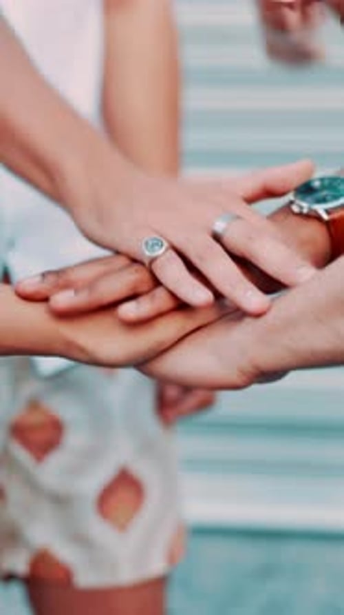 Outdoor, friends or people with hand stack for solidarity, community or partnership in relationship