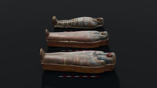 3D Animation of Egyptian Sarcophagi Opening on Black Background