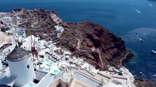 Aerial Point of Interest Shot of Windmill Oia Santorini Island Greece, 4k Footage