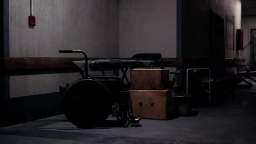 A Dimly Lit Hospital Hallway Featuring a Wheelchair and Cardboard Boxes