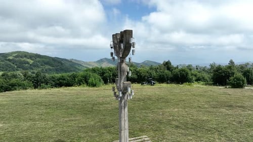 Aerial shot of famous Didgori battle monument with giant swords and amphitheater