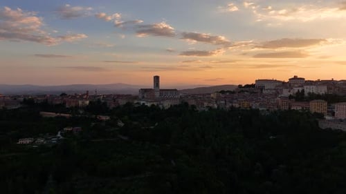 Aerial View of San Domenico Basilica in Perugia Italy at Sunset