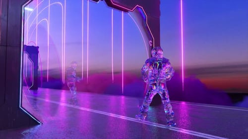 Astronaut is Running Reality Turns Into a Diamond Space Road with Gates Starry Sky and Clouds Neon