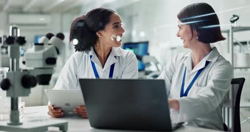 Women, partner and scientist in laboratory with high five, laptop and success with results