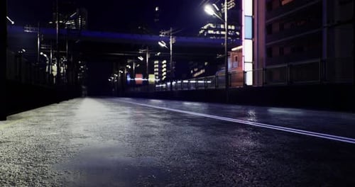 Nighttime Urban Road Reflecting City Lights and Atmosphere in Modern Setting