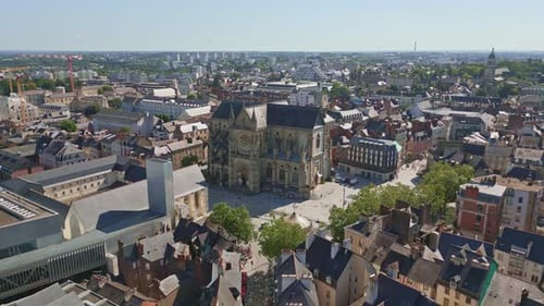 Basilica Saint-Aubin in Place Sainte Anne square and Jacobins convent, Rennes in France. Aerial dron