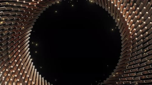 Abstract golden bars rotate in a circle frame with glowing particles.