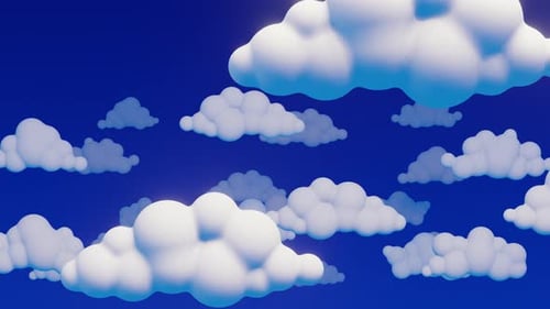 Flying in the blue sky above cartoon 3d clouds
