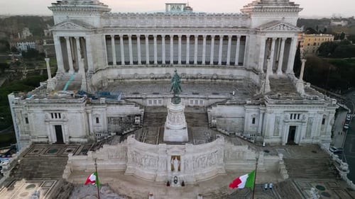 Aerial Pullback Reveals Vittoriano, Altar of the Fatherland. Piazza Venezia Rome, Italy