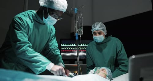 Doctor, people and patient in surgery at hospital for operation with help, support and trust