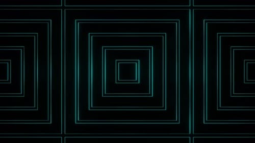 Blaugrün auf schwarzem abstraktem Neonlicht, glühender großer quadratischer Musterhintergrund, VJ-Loop-Animation in 4K