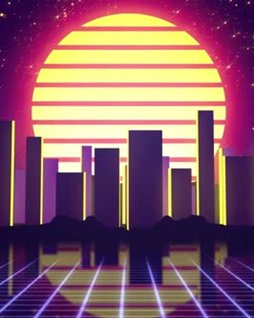 Retro 80s vaporwave aesthetic sunset. Road to a city skyline with a big sun moving behind. 1080x1350