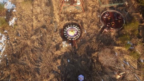 Aerial view of abandoned theme park rides, Japan.