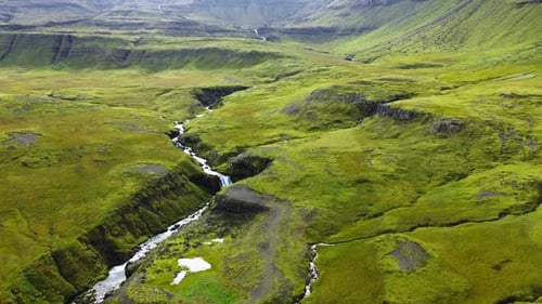 Volcanic Landscape with Strange River in Iceland Beautiful Aerial Shot at Autumn Season