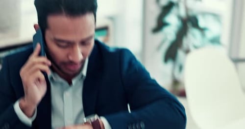 Phone call, watch and business man in office, conversation and online communication