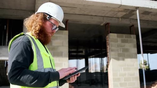 Supervisor man analyzing work at construction site, builder engineer holding digital tablet