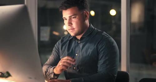 Man, shoulder pain and stress with computer at office, night or frustrated for muscle strain