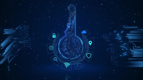 Digital Key and Network Icons on Circuit Board Background