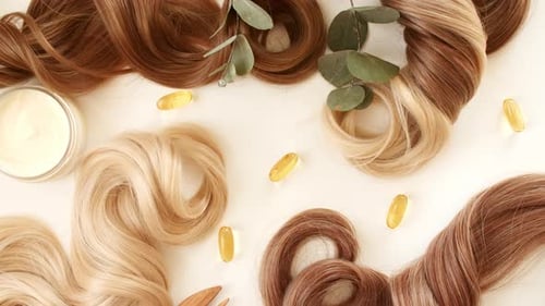 Blond Brown Shiny Wavy Hair on White Background Shiny Woman Hair Strand Curl Hair Care and Beauty