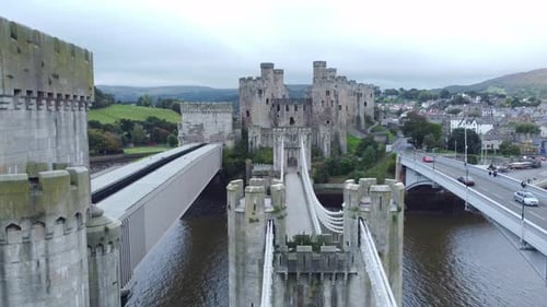Conwy castle railway bridge suspension construction engineering architecture aerial view reverse sho