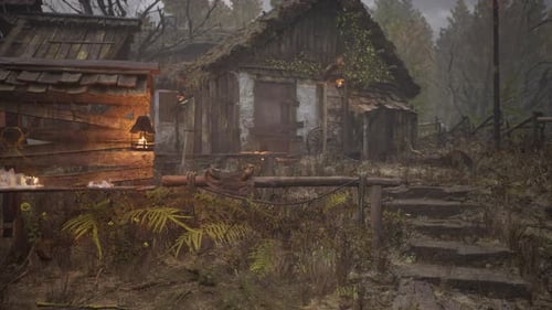 Wooden Log Cabin in Pine Forest in Summer