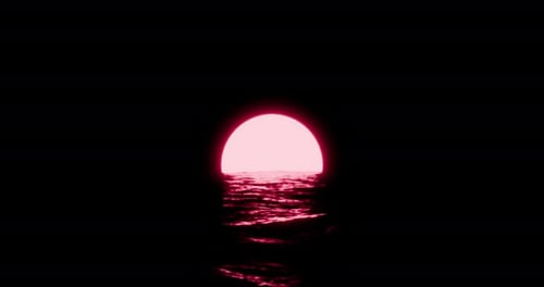 Small Red Pink Sun Sets Near The Dark Ocean In A Loop