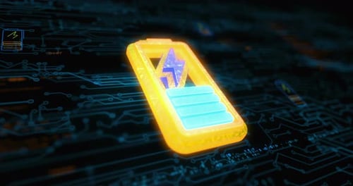 Digital Battery Charging Icon on Futuristic Circuit Board Background