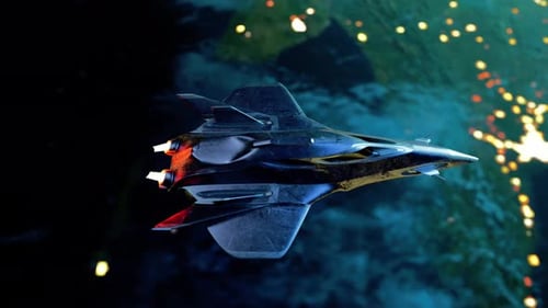 Advanced Stealth Fighter Jet Flying in Orbit Above Earth at Night with Afterburner On