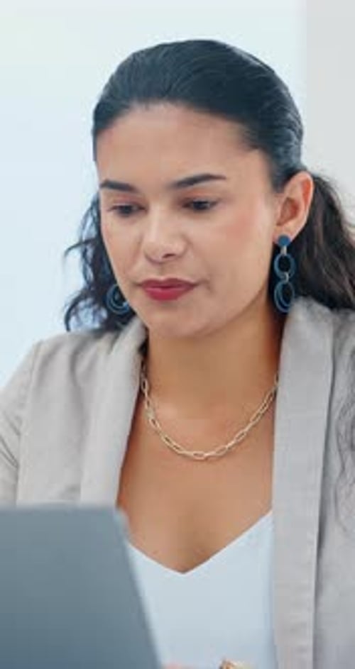 Business woman, laptop or headache with stress for pain, mental health or pressure at office