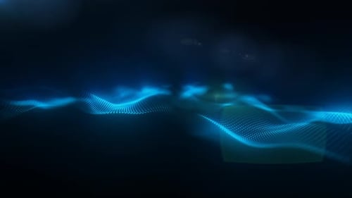 Abstract blue digital particles forming wave patterns with soft glow, futuristic tech background