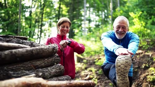 Senior Sporty Couple Stretching In The Forest Outdoors In Sunny Nature.