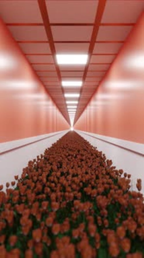 Vertical Video Moving Through an Endless Orange Corridor with Tulips on the Floor Seamless Loop