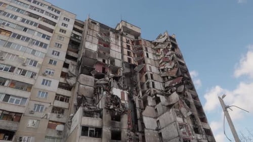 Heavily Damaged High-Rise Building in Ukraine After Shelling