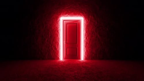 Porta brilhante de néon vermelho que se abre no quarto escuro