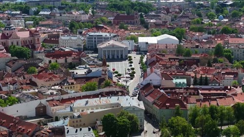 Cinematic Establishing Shot Above Vilnius Town Hall and Town Hall Square. Lithuania