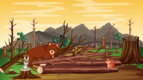 Cartoon Animals in Deforested Landscape Animation