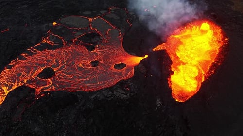 Volcano Eruption Red Hot Burning Lava Erupts From Ground Drone Fly Over Active Crater