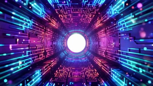Futuristic digital tunnel of glowing circuit board patterns