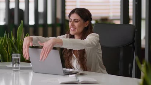Caucasian Business Woman Girl Businesswoman Office Employee Female Manager Finish Online Computer