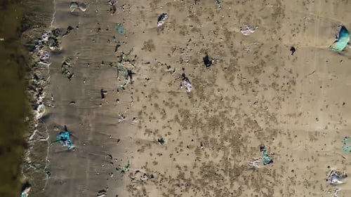 Aerial top down, polluted beach with plastic trash on shore. Slow flyover