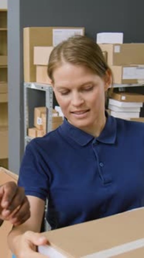 Vertical of Multiethnic Logistics Company Operators Giving Parcel to Client