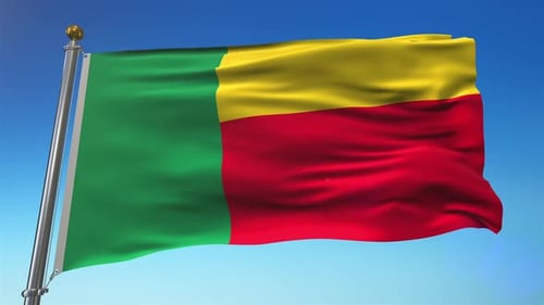 Vibrant Benin National Flag Waving Against Clear Blue Sky