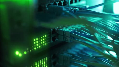 Futuristic HighSpeed Data Center Network Connections Fiber Optic and Ethernet Cables Server Rack