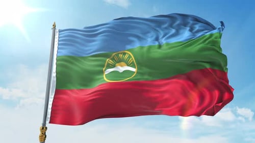 Realistic Waving Flag with Emblem in Blue Sky